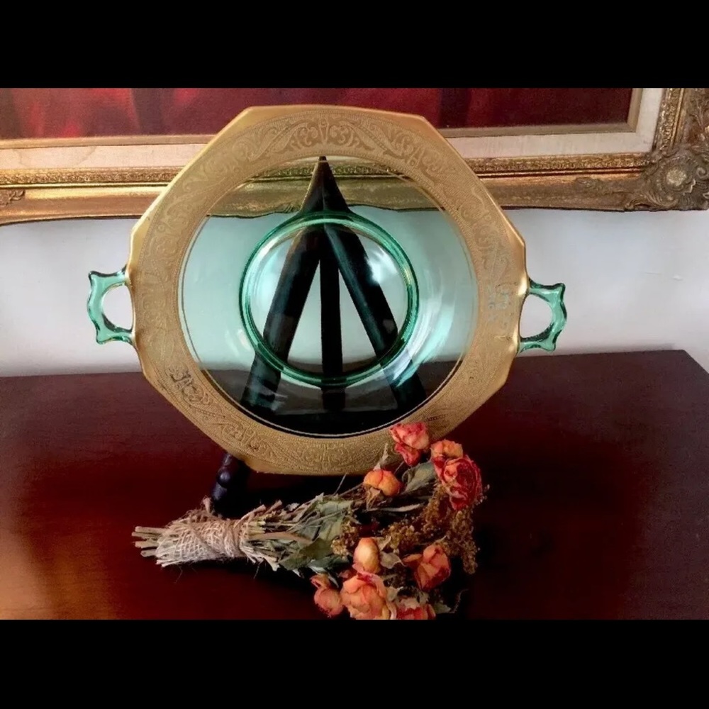 Rare Green Depression Two Handled Serving Glass Platter Gold Foil